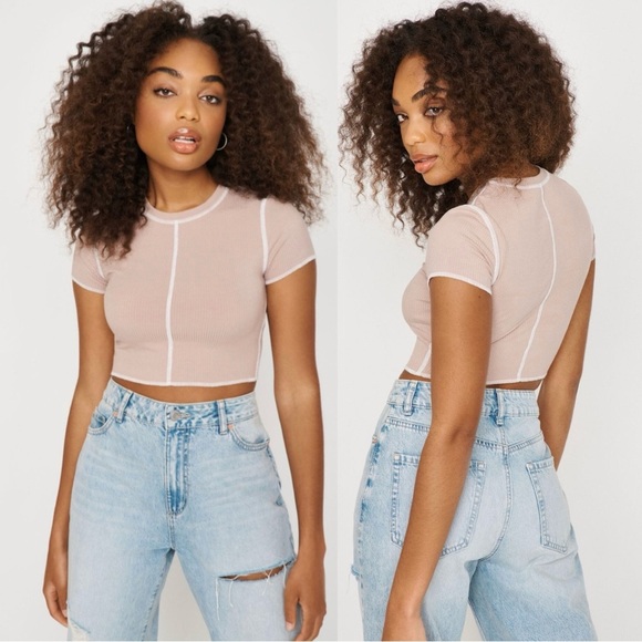 Garage Exposed Seams Stormi CropTee Toffee Beige Brown size S - Picture 1 of 11